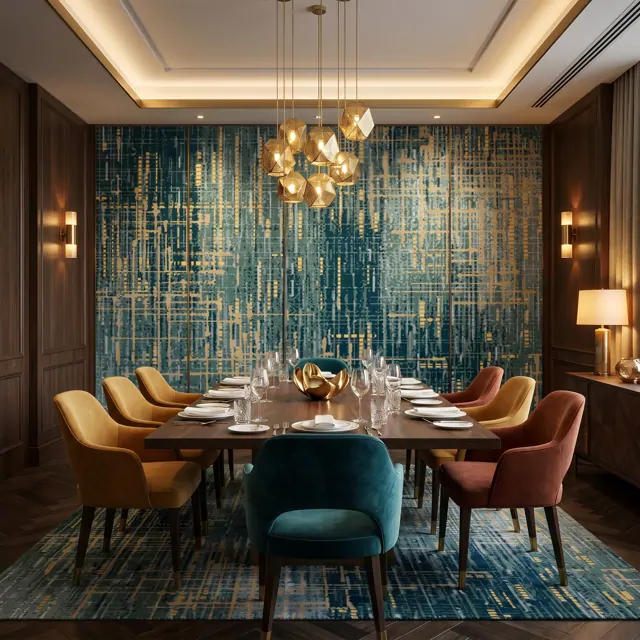 Abstract-Textured-Lines Commercial-Interiors Teal-Gold 02 Fine-Dining-Private-Room