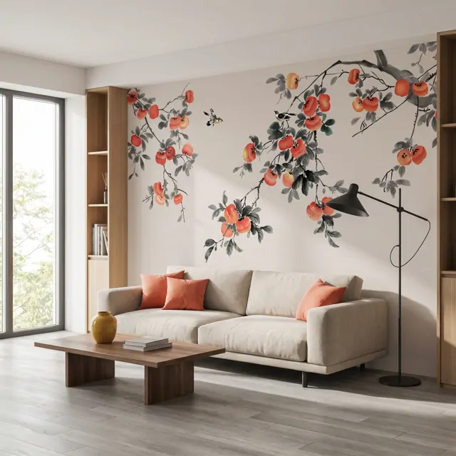 Ink-Wash Persimmon Birds Oriental Botanical Elegance - 现代简约客厅