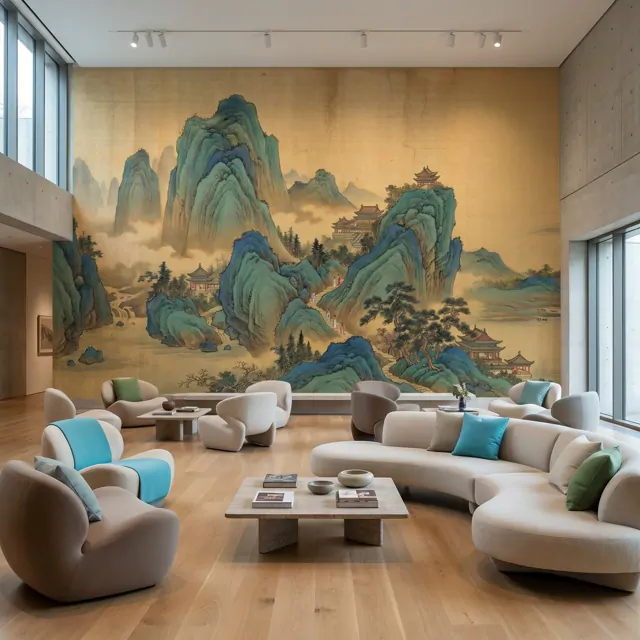 Traditional-Chinese-Landscape Panoramic-Mural Cyan-Green-Ochre - 文化艺术中心休息区 - Cultural Center Lounge