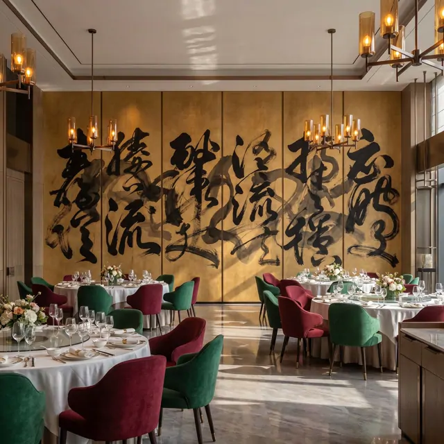 Abstract-Calligraphy Bold-Ink-Strokes for Luxury-Interior Black-Gold-Palette Banquet-Hall Scene